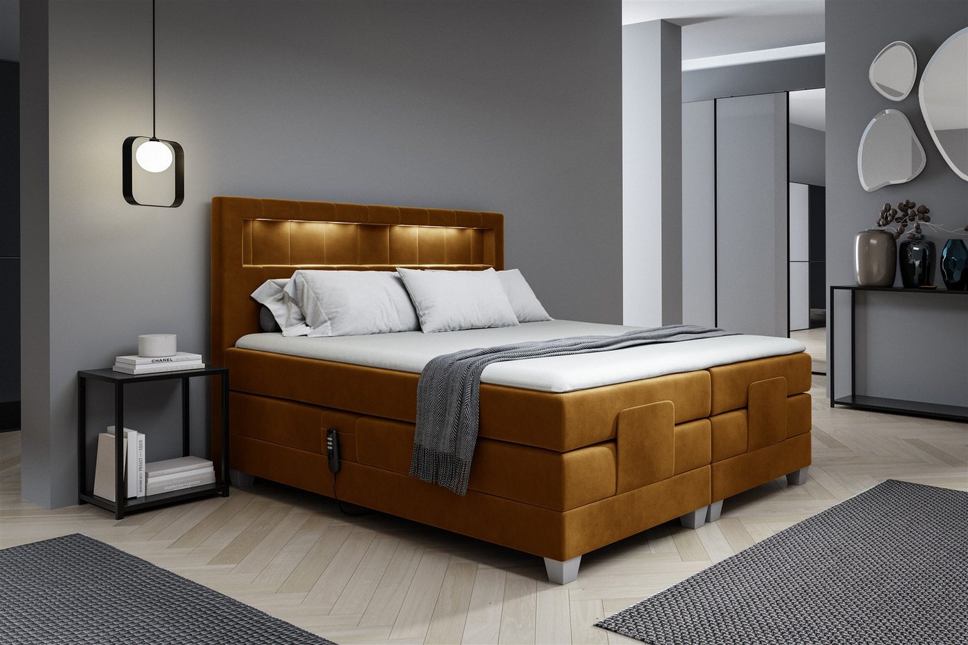 Fun Möbel Boxspringbett Schlafzimmerbett DAVIDE Elektrisch in Stoff Fresh (inkl. Topper), Matratzen elektrisch verstellbar von Fun Möbel