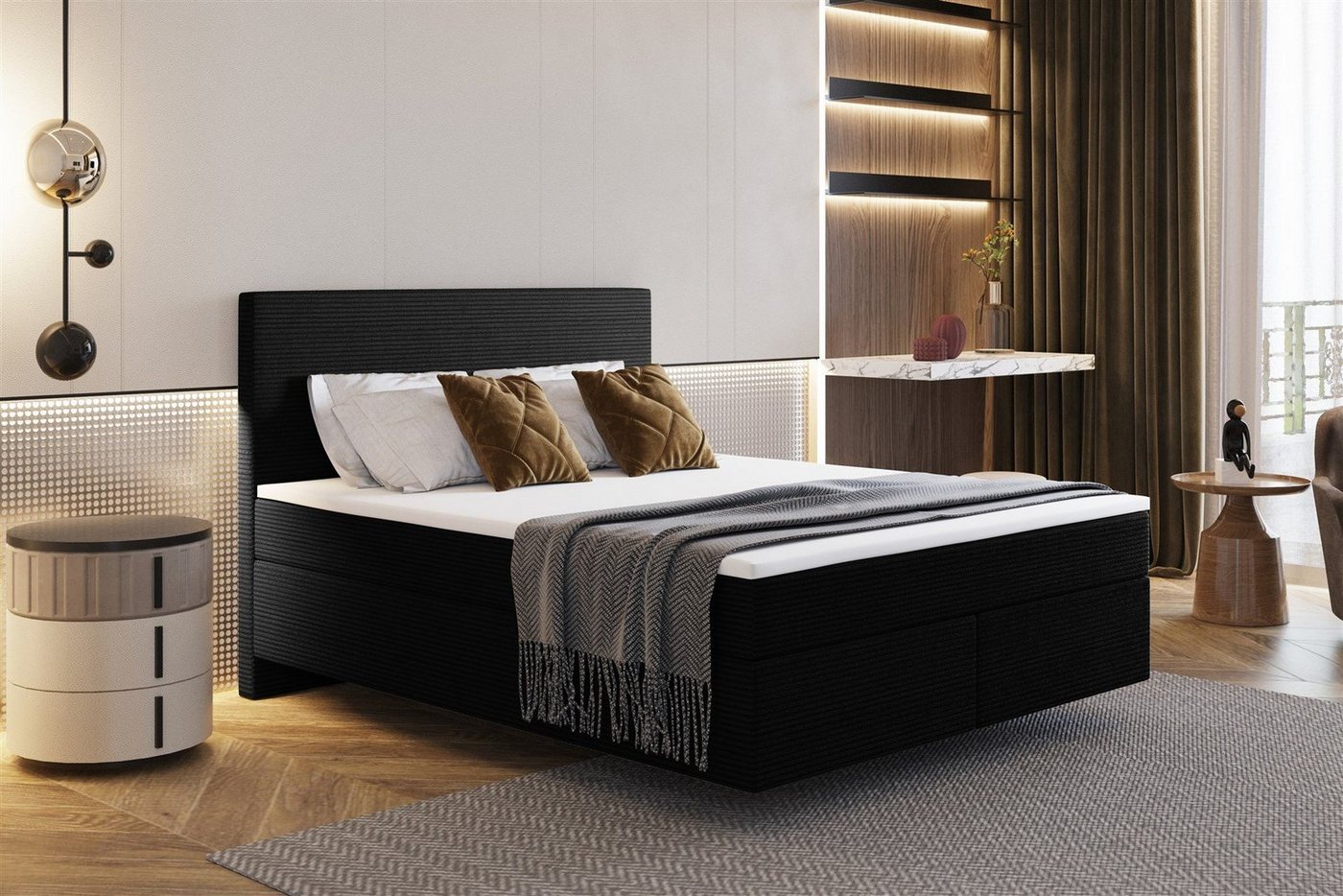 Fun Möbel Boxspringbett Schlafzimmerbett DEVIL Delux Stoff Scala (inkl. Viscoschaumtopper), Scheinbar schwebende Optik von Fun Möbel