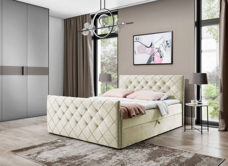 Fun Möbel Boxspringbett Schlafzimmerbett EIVOR Stoff Magic Velvet Überlänge (Kopfteil und Fußteil mit Strasssteinen besetzt, 220cm), inkl. Topper und Bettkästen von Fun Möbel