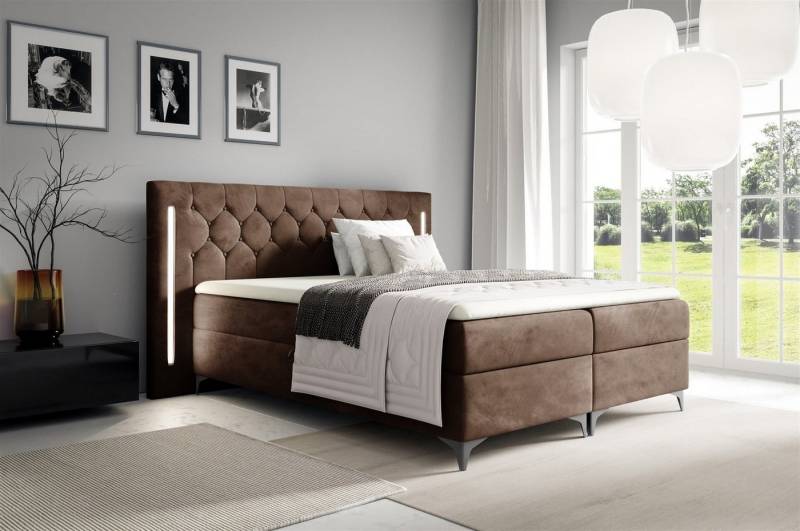 Fun Möbel Boxbett Schlafzimmerbett ELODIE Stoff Monolith oder Fresh (inkl. Kaltschaumtopper, inkl. Bettkästen), Ambiente-Beleuchtung LED (Weiß) inkl. Fernbedienung von Fun Möbel