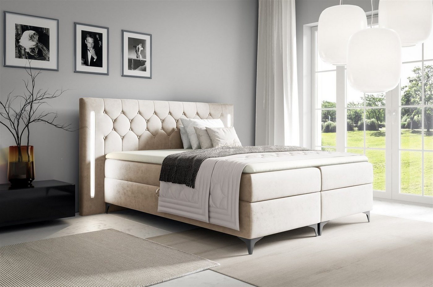 Fun Möbel Boxbett Schlafzimmerbett ELODIE Stoff Monolith oder Fresh (inkl. Kaltschaumtopper, inkl. Bettkästen), Ambiente-Beleuchtung LED (Weiß) inkl. Fernbedienung von Fun Möbel