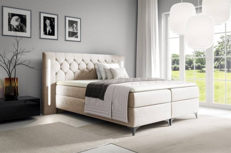 Fun Möbel Boxbett Schlafzimmerbett ELODIE Stoff Monolith oder Fresh (inkl. Kaltschaumtopper, inkl. Bettkästen), Ambiente-Beleuchtung LED (Weiß) inkl. Fernbedienung von Fun Möbel