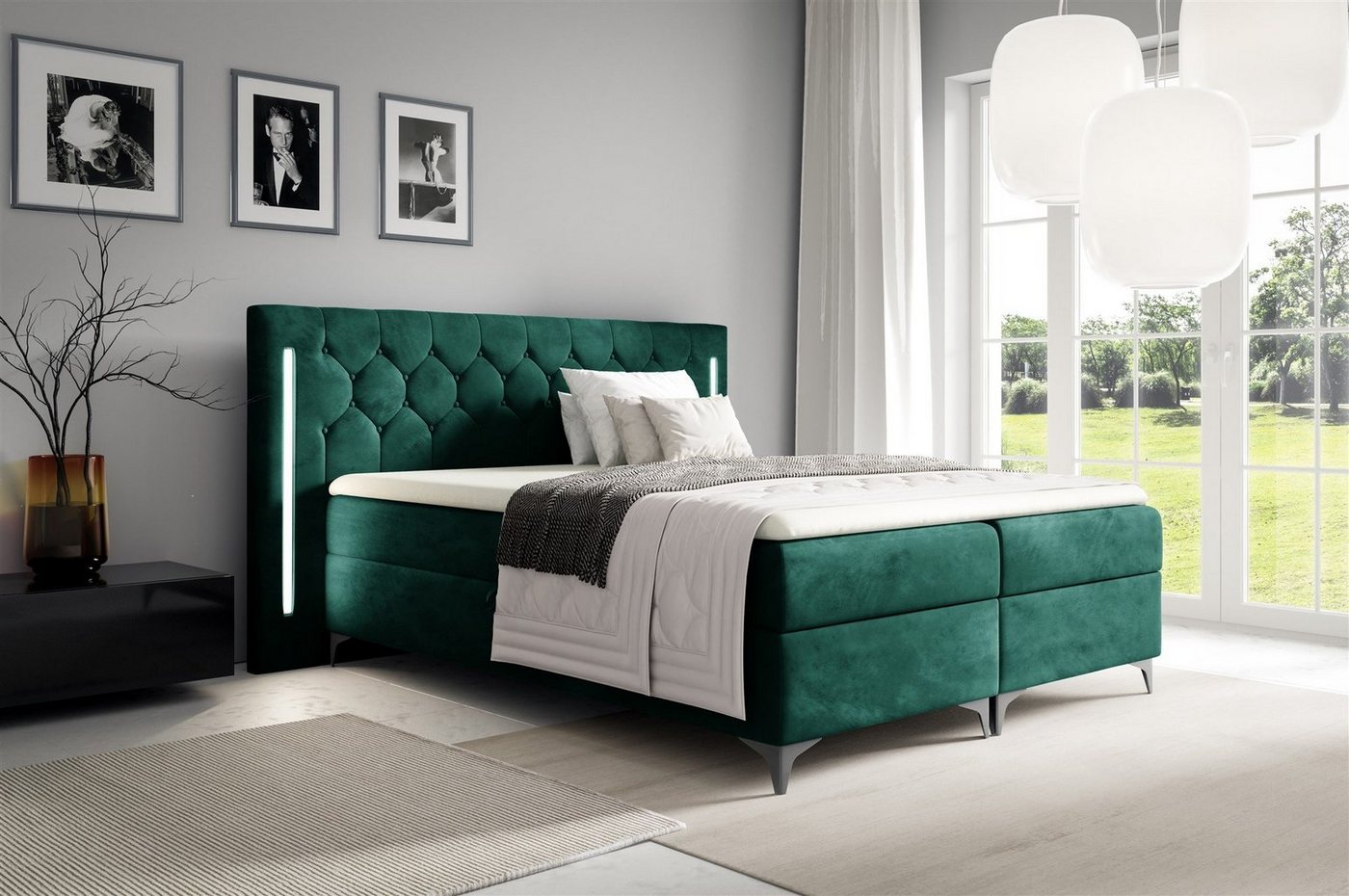 Fun Möbel Boxbett Schlafzimmerbett ELODIE Stoff Monolith oder Fresh (inkl. Kaltschaumtopper, inkl. Bettkästen), Ambiente-Beleuchtung LED (Weiß) inkl. Fernbedienung von Fun Möbel
