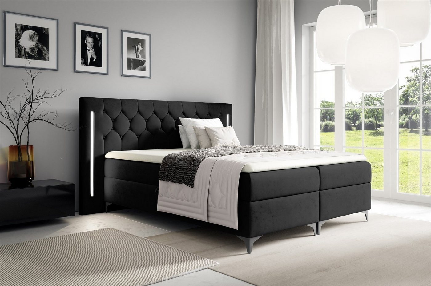 Fun Möbel Boxbett Schlafzimmerbett ELODIE Stoff Monolith oder Fresh (inkl. Kaltschaumtopper, inkl. Bettkästen), Ambiente-Beleuchtung LED (Weiß) inkl. Fernbedienung von Fun Möbel