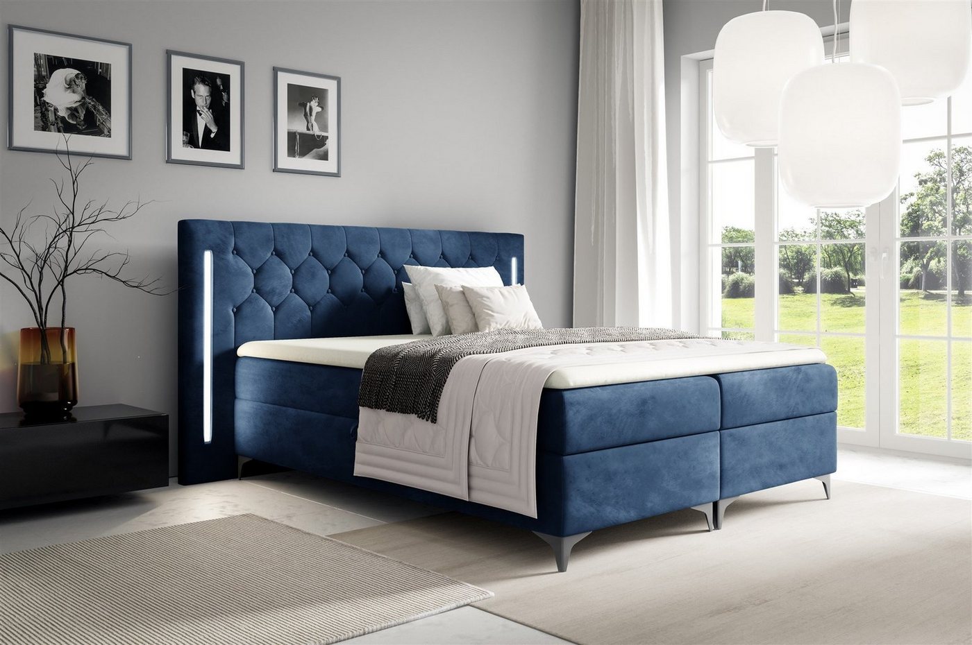 Fun Möbel Boxbett Schlafzimmerbett ELODIE in Stoff Monolith oder Fresh Überlänge (inkl. Kaltschaumtopper, inkl. Bettkästen), Ambiente-Beleuchtung LED (Weiß) inkl. Fernbedienung von Fun Möbel