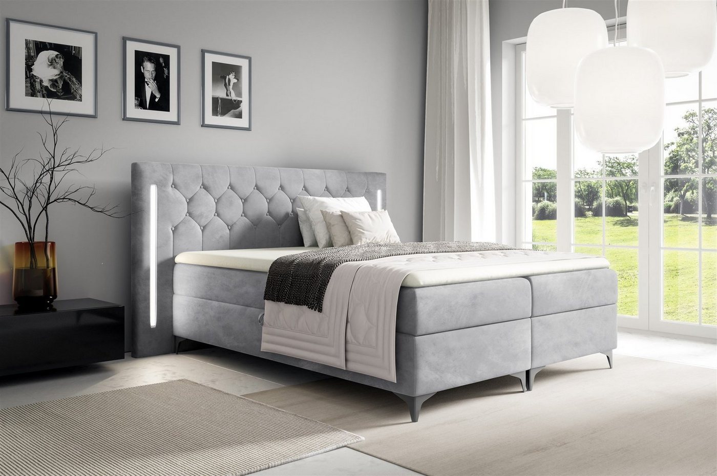 Fun Möbel Boxbett Schlafzimmerbett ELODIE in Stoff Monolith oder Fresh Überlänge (inkl. Kaltschaumtopper, inkl. Bettkästen), Ambiente-Beleuchtung LED (Weiß) inkl. Fernbedienung von Fun Möbel