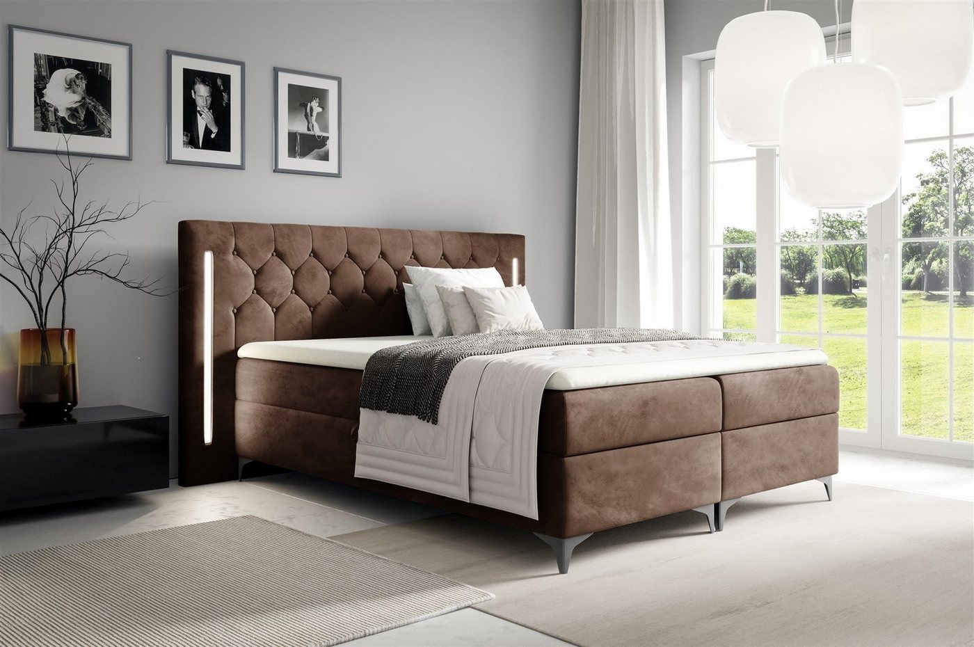 Fun Möbel Boxbett Schlafzimmerbett ELODIE in Stoff Monolith oder Fresh Überlänge (inkl. Kaltschaumtopper, inkl. Bettkästen), Ambiente-Beleuchtung LED (Weiß) inkl. Fernbedienung von Fun Möbel