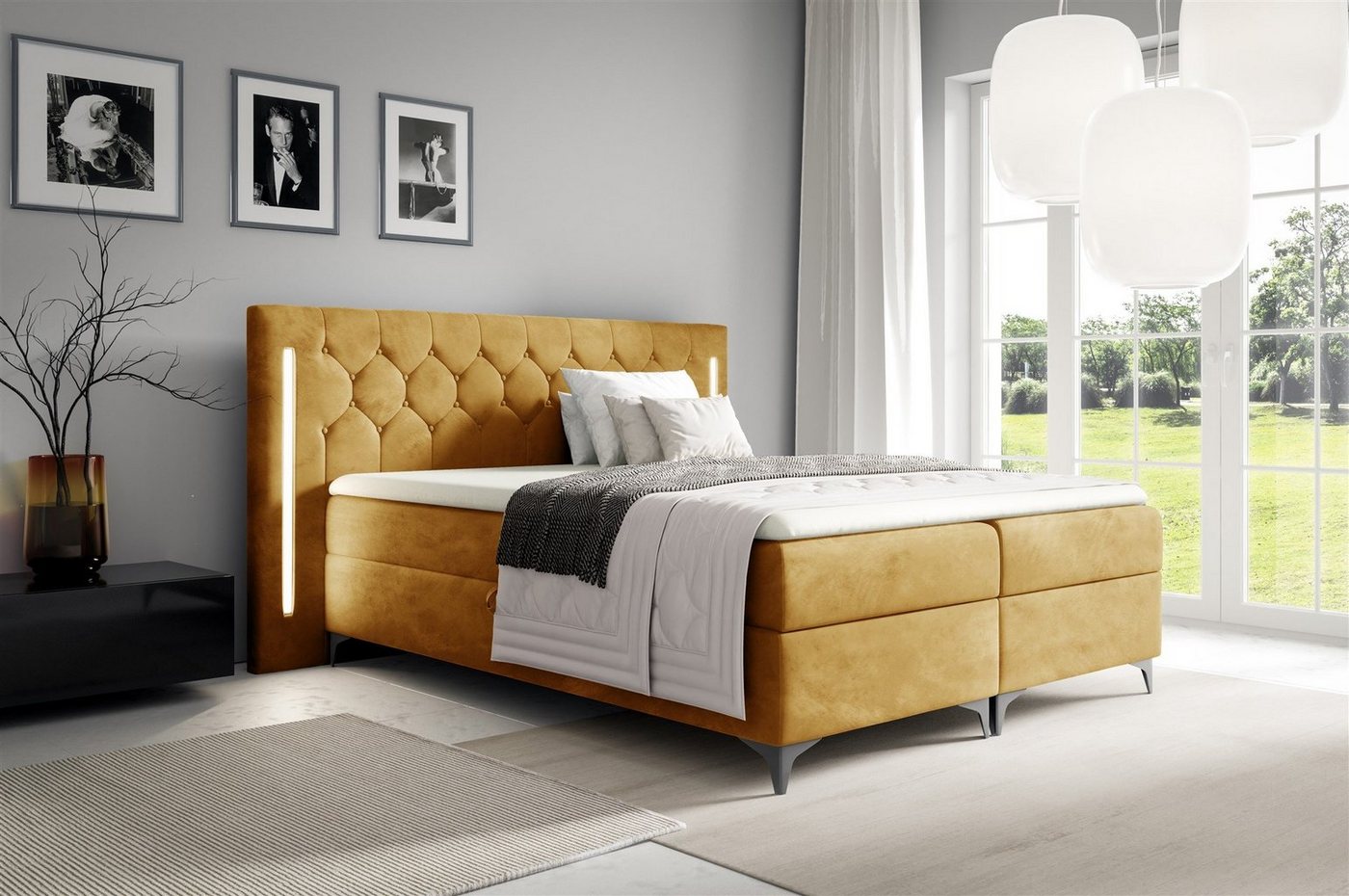 Fun Möbel Boxbett Schlafzimmerbett ELODIE in Stoff Monolith oder Fresh Überlänge (inkl. Kaltschaumtopper, inkl. Bettkästen), Ambiente-Beleuchtung LED (Weiß) inkl. Fernbedienung von Fun Möbel