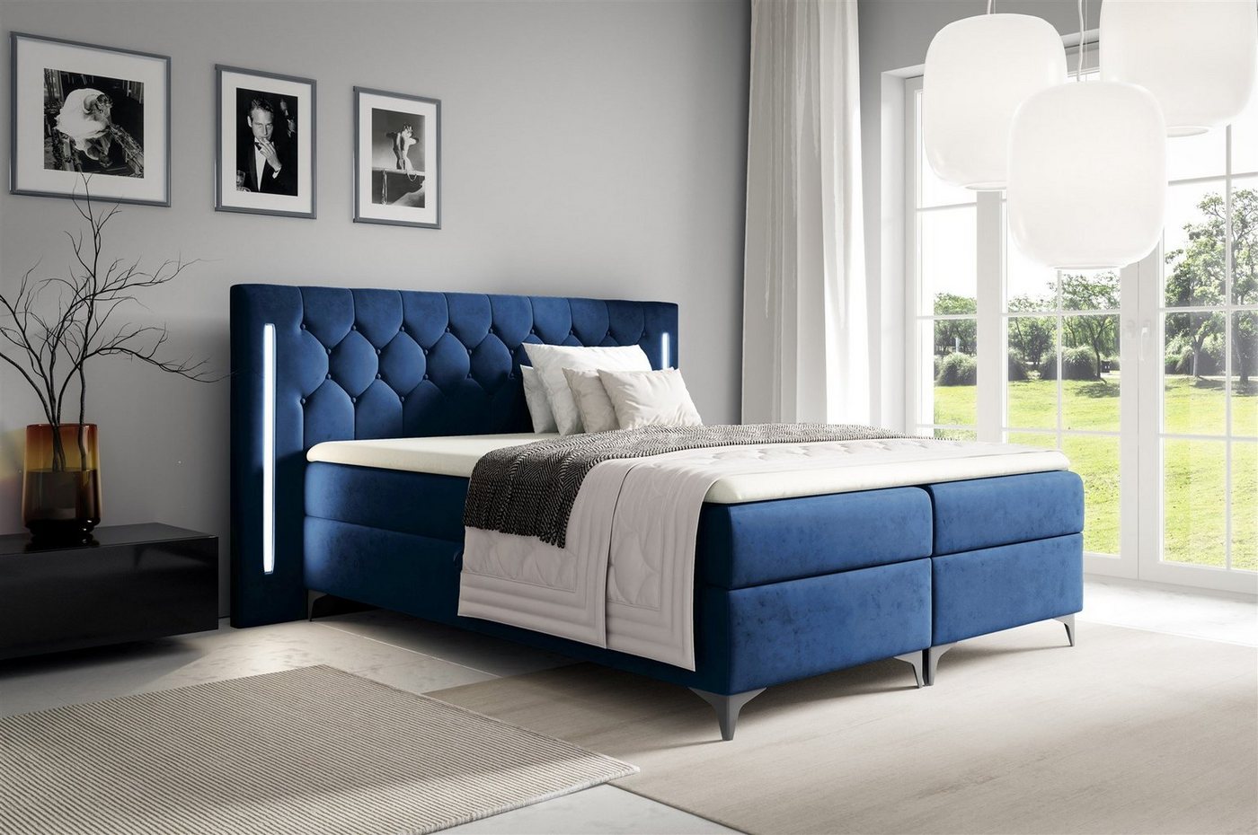 Fun Möbel Boxbett Schlafzimmerbett ELODIE in Stoff Monolith oder Fresh Überlänge (inkl. Kaltschaumtopper, inkl. Bettkästen), Ambiente-Beleuchtung LED (Weiß) inkl. Fernbedienung von Fun Möbel