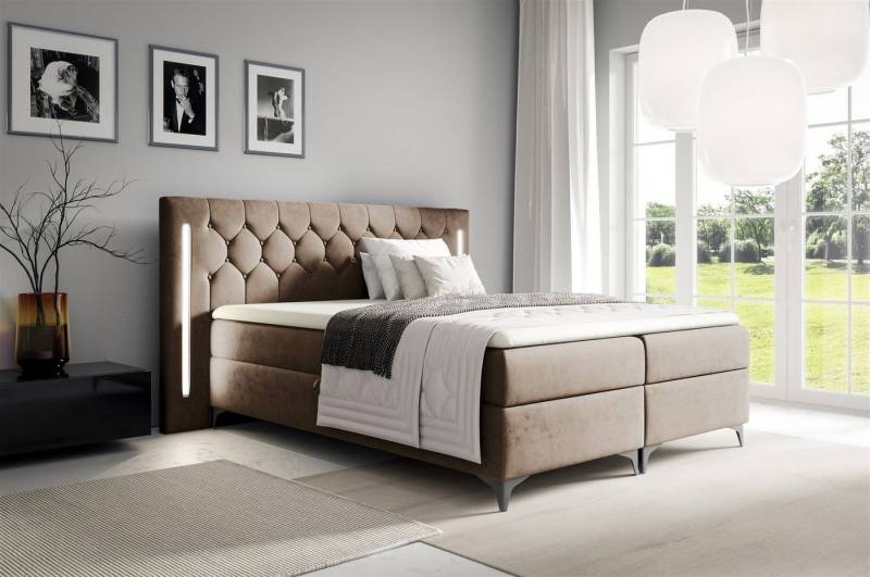 Fun Möbel Boxbett Schlafzimmerbett ELODIE in Stoff Monolith oder Fresh Überlänge (inkl. Kaltschaumtopper, inkl. Bettkästen), Ambiente-Beleuchtung LED (Weiß) inkl. Fernbedienung von Fun Möbel
