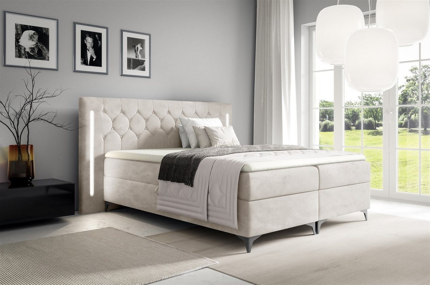 Fun Möbel Boxbett Schlafzimmerbett ELODIE in Stoff Monolith oder Fresh Überlänge (inkl. Kaltschaumtopper, inkl. Bettkästen), Ambiente-Beleuchtung LED (Weiß) inkl. Fernbedienung von Fun Möbel