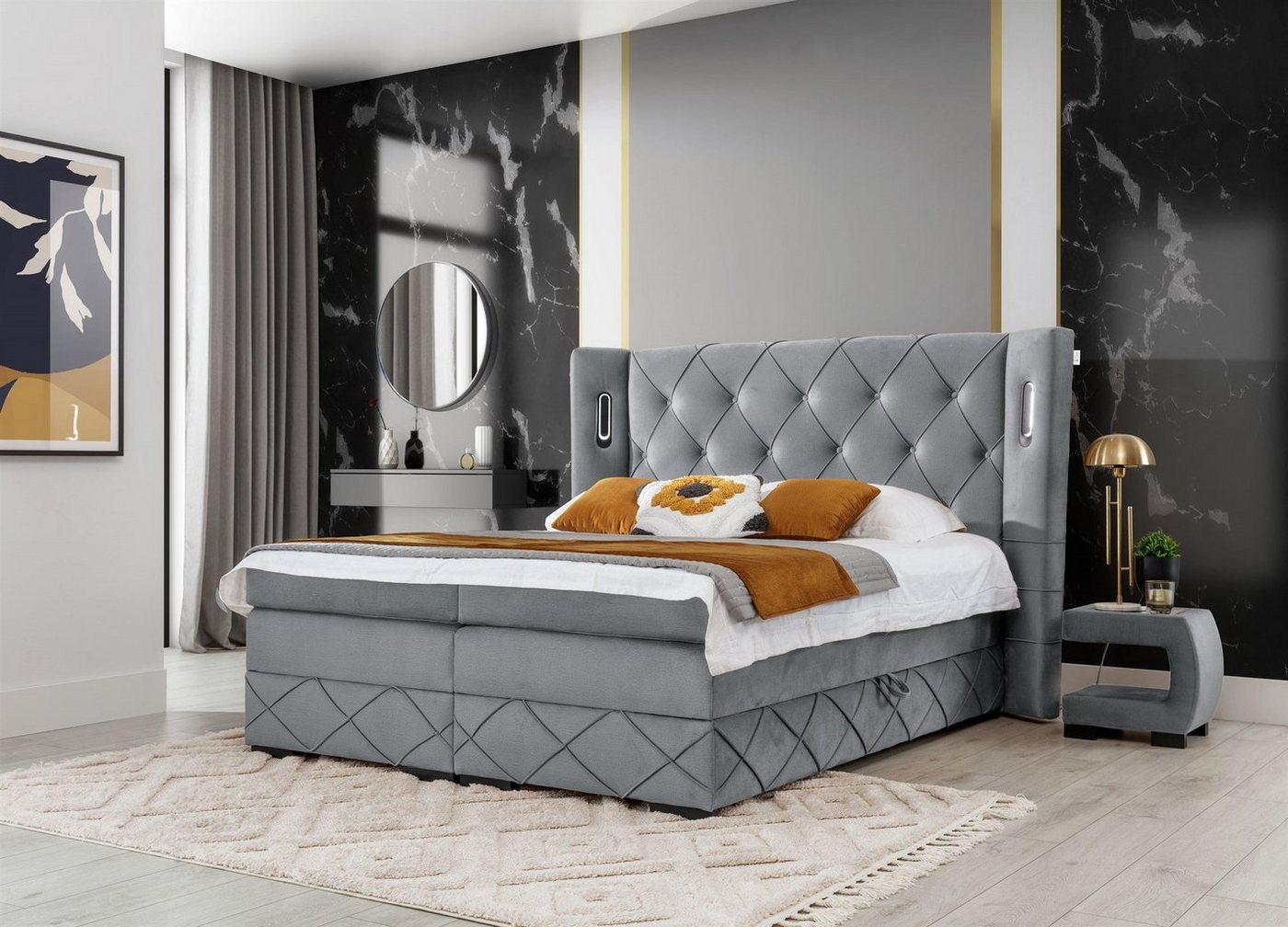 Fun Möbel Boxspringbett Schlafzimmerbett ELVIANO (inkl. 2 x Bettkasten und Topper, Ambiente-Beleuchtung mit Touch Funktion), Gepolstertes Kopfteil mit Steppung von Fun Möbel