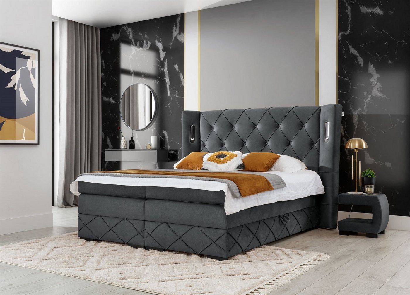 Fun Möbel Boxbett Schlafzimmerbett ELVIANO in Stoff Monolith (inkl. 2 x Bettkasten und Topper, Ambiente-Beleuchtung mit Touch Funktion), Gepolstertes Kopfteil mit Steppung von Fun Möbel