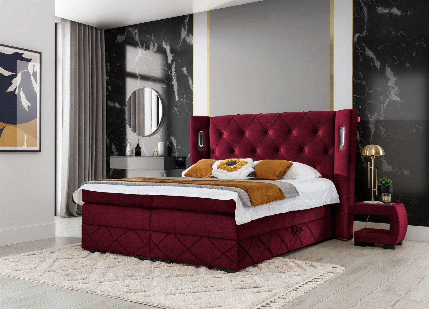 Fun Möbel Boxbett Schlafzimmerbett ELVIANO in Stoff Monolith (inkl. 2 x Bettkasten und Topper, Ambiente-Beleuchtung mit Touch Funktion), Gepolstertes Kopfteil mit Steppung von Fun Möbel