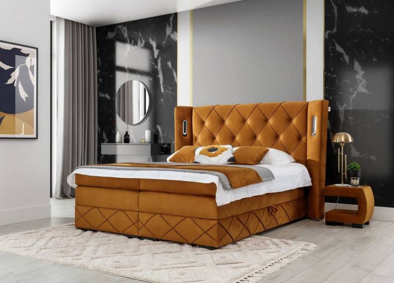 Fun Möbel Boxbett Schlafzimmerbett ELVIANO in Stoff Monolith (inkl. 2 x Bettkasten und Topper, Ambiente-Beleuchtung mit Touch Funktion), Gepolstertes Kopfteil mit Steppung von Fun Möbel