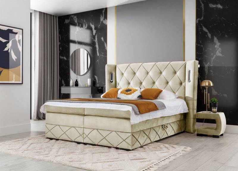 Fun Möbel Boxbett Schlafzimmerbett ELVIANO in Stoff Monolith (inkl. 2 x Bettkasten und Topper, Ambiente-Beleuchtung mit Touch Funktion), Gepolstertes Kopfteil mit Steppung von Fun Möbel