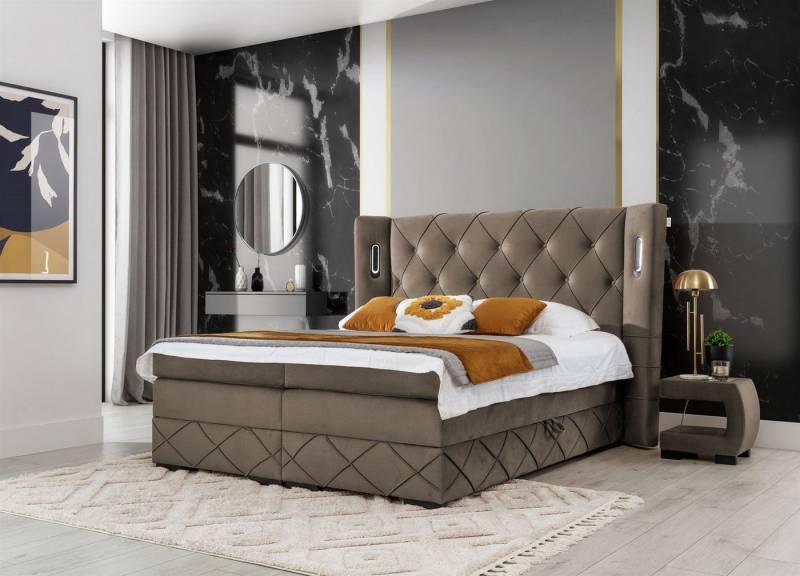 Fun Möbel Boxbett Schlafzimmerbett ELVIANO in Stoff Monolith (inkl. 2 x Bettkasten und Topper, Ambiente-Beleuchtung mit Touch Funktion), Gepolstertes Kopfteil mit Steppung von Fun Möbel