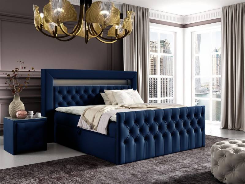 Fun Möbel Boxspringbett Schlafzimmerbett ERNESTO Nr.2 in Stoff Elisa Velvet (inkl. Topper, Auch mit Polsterhocker erhältlich), 2 x Nachttisch mit Glasplatte, LED-Beleuchtung mit Fernbedienung von Fun Möbel