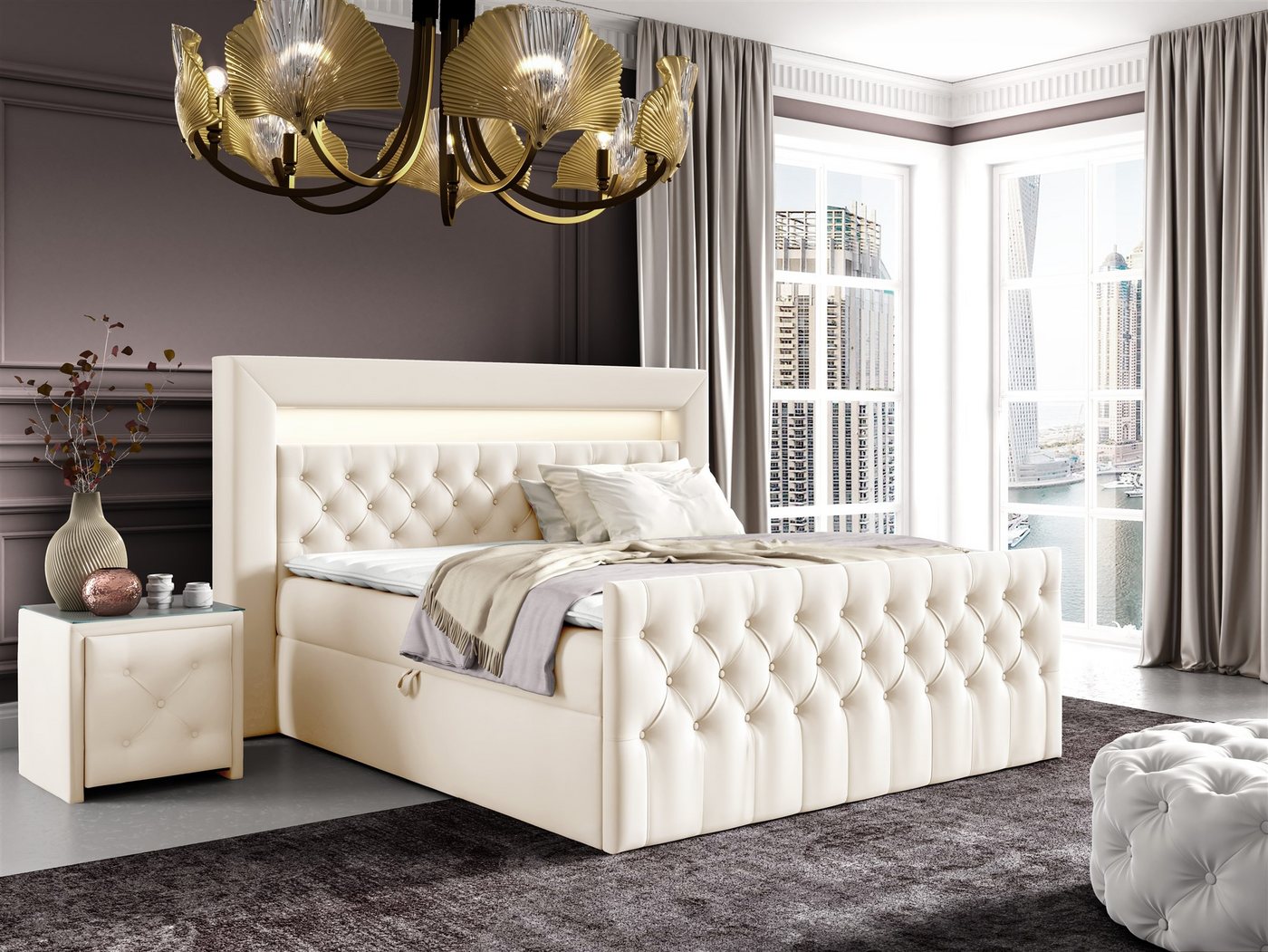 Fun Möbel Boxspringbett Schlafzimmerbett ERNESTO Nr.2 in Stoff Elisa Velvet (inkl. Topper, Auch mit Polsterhocker erhältlich), 2 x Nachttisch mit Glasplatte, LED-Beleuchtung mit Fernbedienung von Fun Möbel