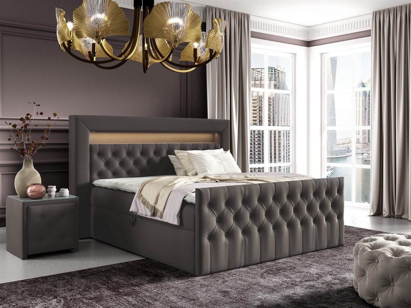Fun Möbel Boxbett Schlafzimmerbett ERNESTO Nr.2 in Stoff Elisa Velvet (inkl. Topper, Auch mit Polsterhocker erhältlich), 2 x Nachttisch mit Glasplatte, LED-Beleuchtung mit Fernbedienung von Fun Möbel