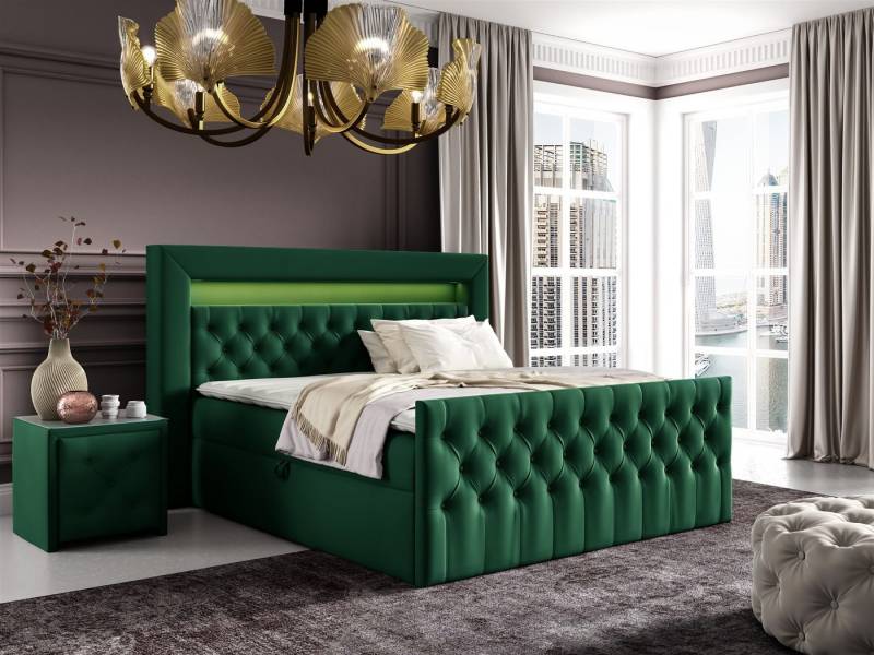Fun Möbel Boxbett Schlafzimmerbett ERNESTO Nr.2 in Stoff Elisa Velvet (inkl. Topper, Auch mit Polsterhocker erhältlich), 2 x Nachttisch mit Glasplatte, LED-Beleuchtung mit Fernbedienung von Fun Möbel