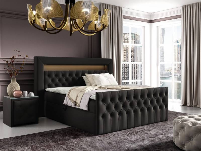 Fun Möbel Boxbett Schlafzimmerbett ERNESTO Nr.2 in Stoff Elisa Velvet (inkl. Topper, Auch mit Polsterhocker erhältlich), 2 x Nachttisch mit Glasplatte, LED-Beleuchtung mit Fernbedienung von Fun Möbel