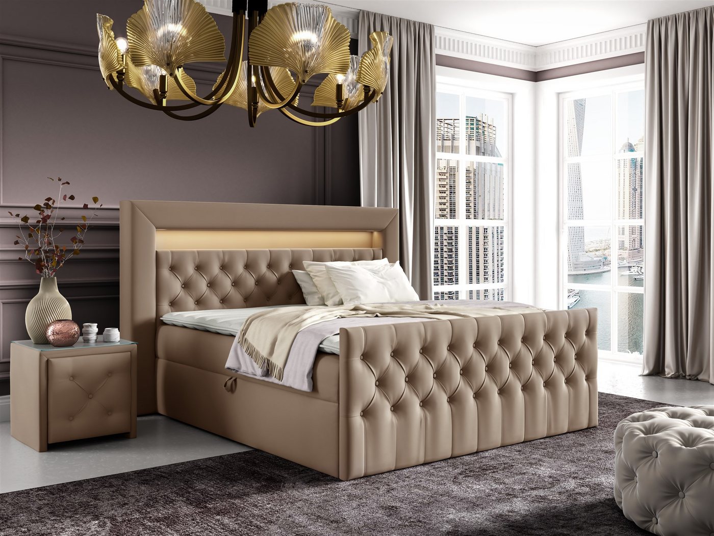 Fun Möbel Boxbett Schlafzimmerbett ERNESTO Nr.2 in Stoff Elisa Velvet (inkl. Topper, Auch mit Polsterhocker erhältlich), 2 x Nachttisch mit Glasplatte, LED-Beleuchtung mit Fernbedienung von Fun Möbel