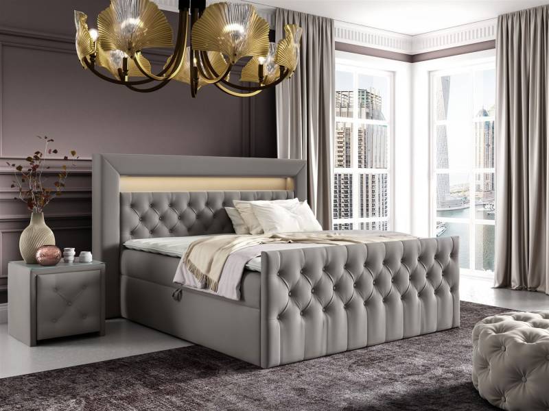 Fun Möbel Boxbett Schlafzimmerbett ERNESTO Nr.2 in Stoff Elisa Velvet (inkl. Topper, Auch mit Polsterhocker erhältlich), 2 x Nachttisch mit Glasplatte, LED-Beleuchtung mit Fernbedienung von Fun Möbel