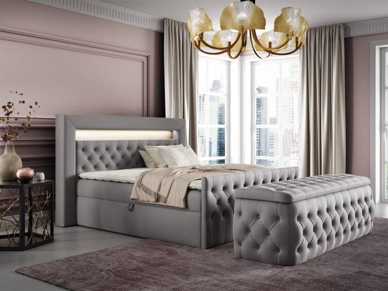 Fun Möbel Boxspringbett Schlafzimmerbett ERNESTO Nr.3 in Stoff Elisa Velvet (inkl. Topper, Auch mit Nachtkonsolen erhältlich), inkl. Polsterhocker, LED-Beleuchtung mit Fernbedienung von Fun Möbel