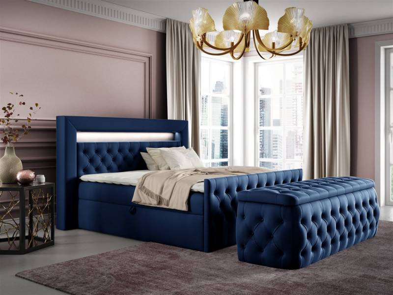 Fun Möbel Boxspringbett Schlafzimmerbett ERNESTO Nr.3 in Stoff Elisa Velvet (inkl. Topper, Auch mit Nachtkonsolen erhältlich), inkl. Polsterhocker, LED-Beleuchtung mit Fernbedienung von Fun Möbel