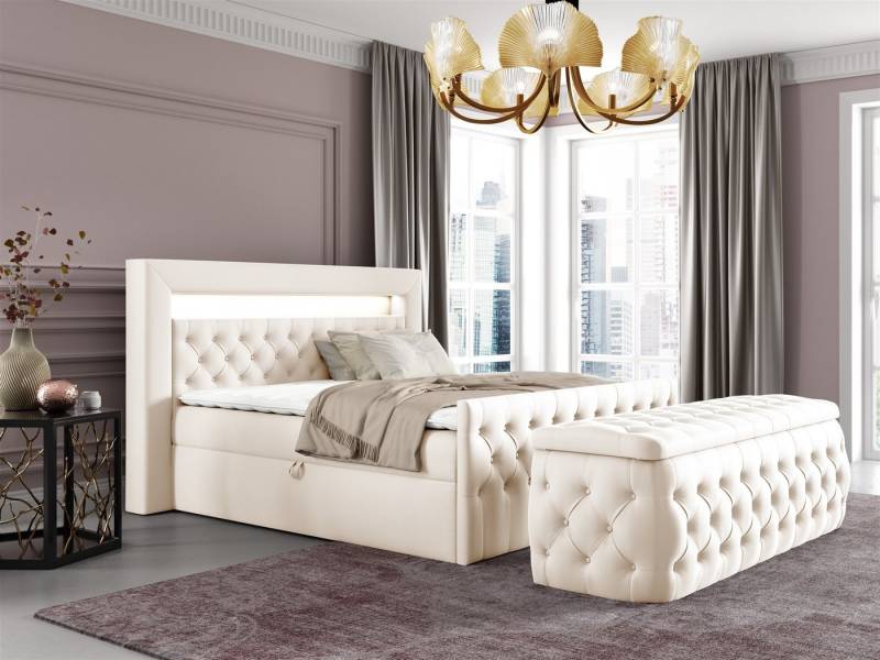 Fun Möbel Boxspringbett Schlafzimmerbett ERNESTO Nr.3 in Stoff Elisa Velvet (inkl. Topper, Auch mit Nachtkonsolen erhältlich), inkl. Polsterhocker, LED-Beleuchtung mit Fernbedienung von Fun Möbel