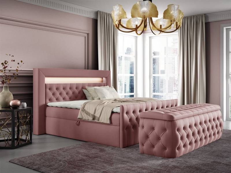 Fun Möbel Boxbett Schlafzimmerbett ERNESTO Nr.3 in Stoff Elisa Velvet (inkl. Topper, Auch mit Nachtkonsolen erhältlich), inkl. Polsterhocker, LED-Beleuchtung mit Fernbedienung von Fun Möbel
