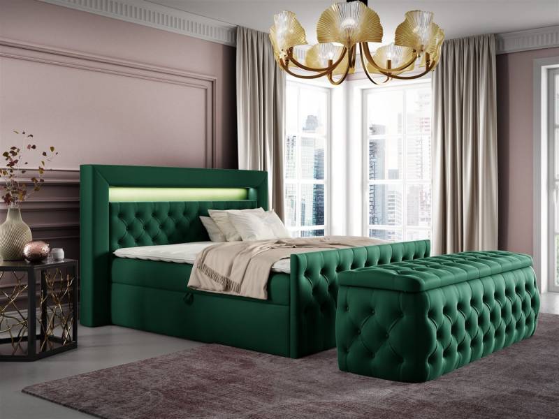 Fun Möbel Boxbett Schlafzimmerbett ERNESTO Nr.3 in Stoff Elisa Velvet (inkl. Topper, Auch mit Nachtkonsolen erhältlich), inkl. Polsterhocker, LED-Beleuchtung mit Fernbedienung von Fun Möbel