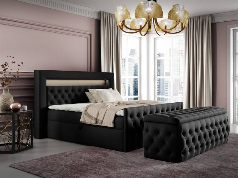 Fun Möbel Boxbett Schlafzimmerbett ERNESTO Nr.3 in Stoff Elisa Velvet (inkl. Topper, Auch mit Nachtkonsolen erhältlich), inkl. Polsterhocker, LED-Beleuchtung mit Fernbedienung von Fun Möbel