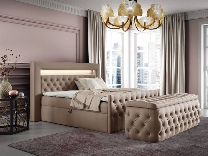Fun Möbel Boxbett Schlafzimmerbett ERNESTO Nr.3 in Stoff Elisa Velvet (inkl. Topper, Auch mit Nachtkonsolen erhältlich), inkl. Polsterhocker, LED-Beleuchtung mit Fernbedienung von Fun Möbel