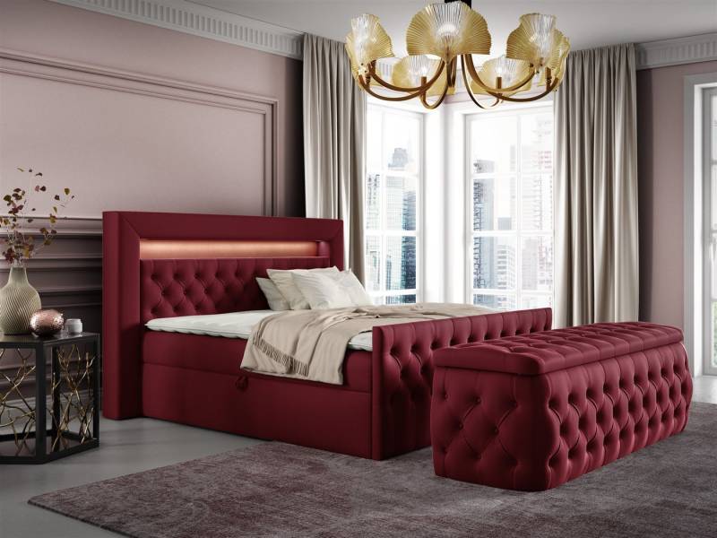 Fun Möbel Boxbett Schlafzimmerbett ERNESTO Nr.3 in Stoff Elisa Velvet (inkl. Topper, Auch mit Nachtkonsolen erhältlich), inkl. Polsterhocker, LED-Beleuchtung mit Fernbedienung von Fun Möbel