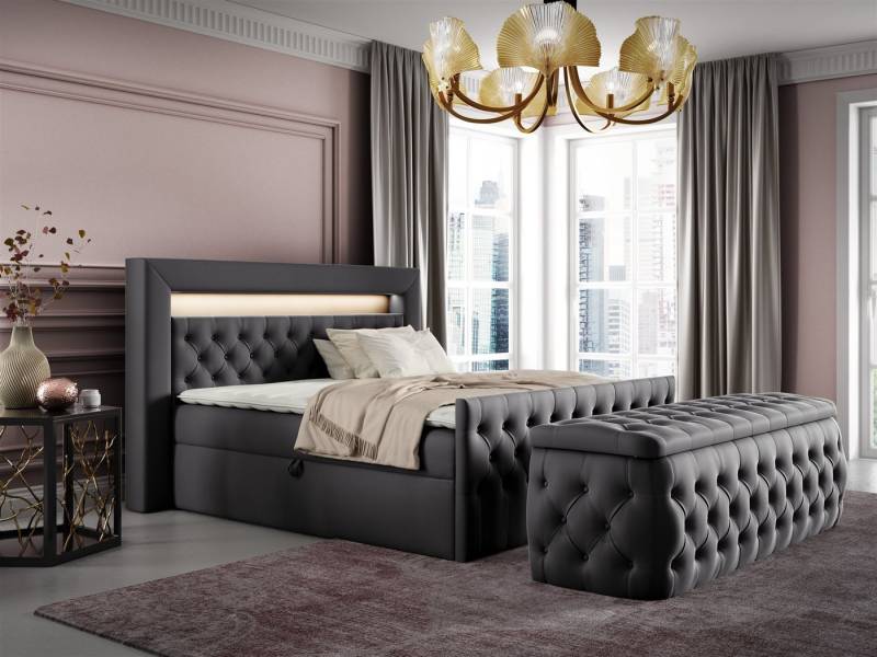 Fun Möbel Boxbett Schlafzimmerbett ERNESTO Nr.3 in Stoff Elisa Velvet (inkl. Topper, Auch mit Nachtkonsolen erhältlich), inkl. Polsterhocker, LED-Beleuchtung mit Fernbedienung von Fun Möbel