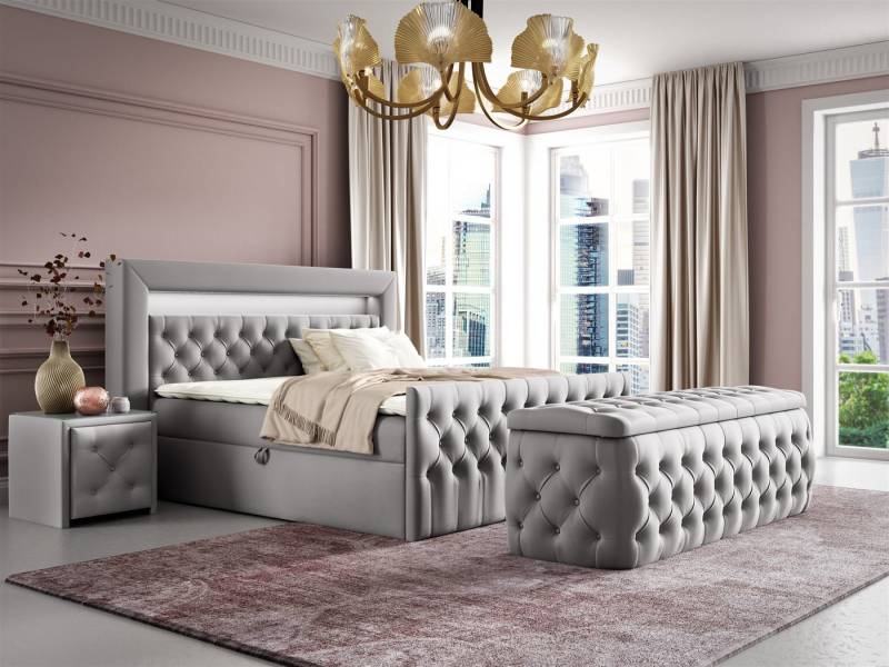 Fun Möbel Boxspringbett Schlafzimmerbett ERNESTO Nr.4 in Stoff Elisa Velvet (inkl. Topper, inkl. Bettkästen), inkl. 2 x Nachttisch mit Glasplatte, Polsterhocker und LED-Beleuchtung von Fun Möbel