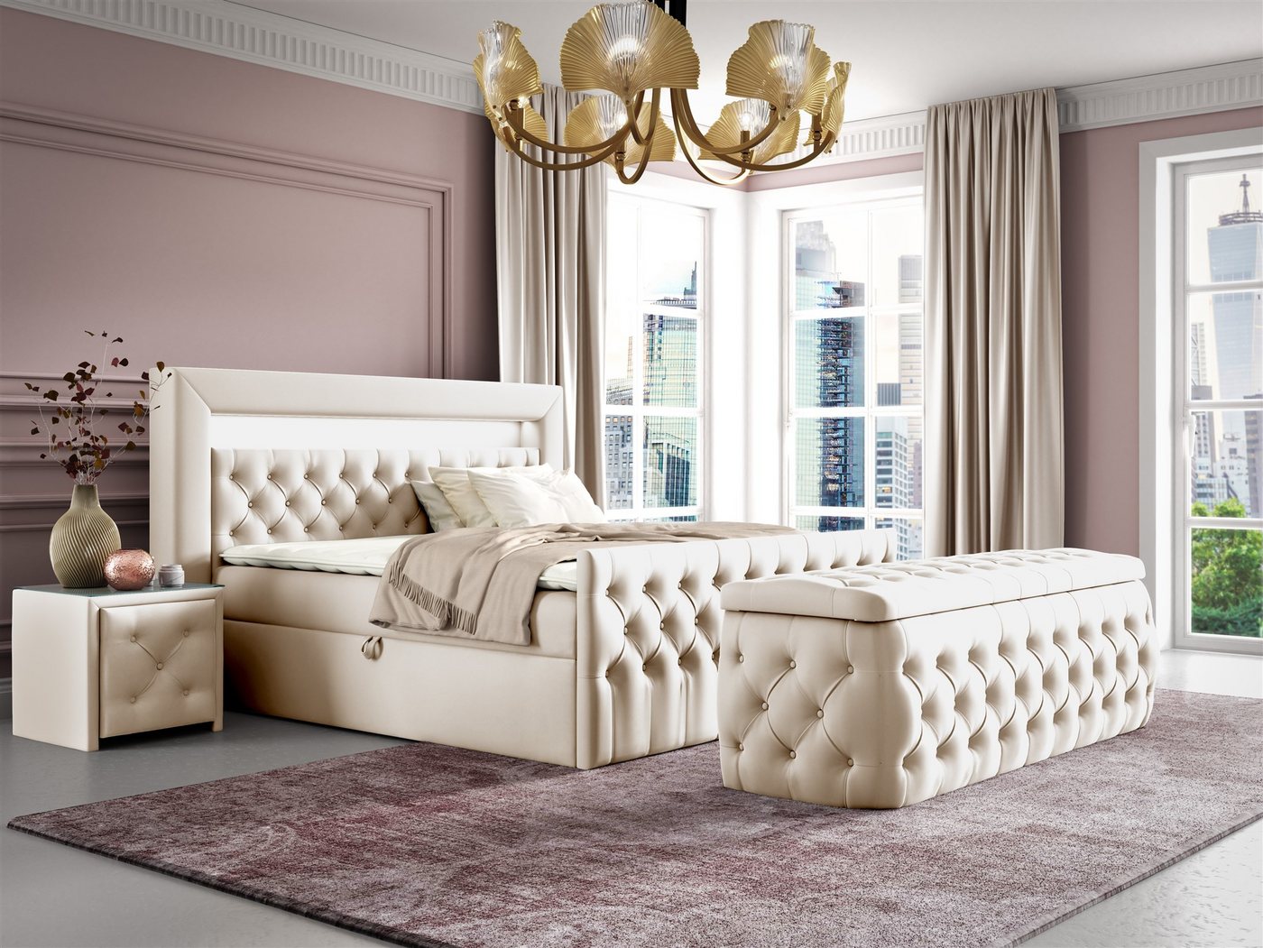 Fun Möbel Boxbett Schlafzimmerbett ERNESTO Nr.4 in Stoff Elisa Velvet (inkl. Topper, inkl. Bettkästen), inkl. 2 x Nachttisch mit Glasplatte, Polsterhocker und LED-Beleuchtung von Fun Möbel