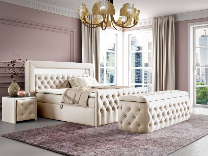 Fun Möbel Boxbett Schlafzimmerbett ERNESTO Nr.4 in Stoff Elisa Velvet (inkl. Topper, inkl. Bettkästen), inkl. 2 x Nachttisch mit Glasplatte, Polsterhocker und LED-Beleuchtung von Fun Möbel