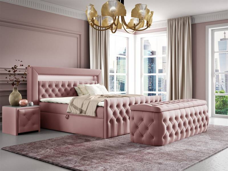 Fun Möbel Boxbett Schlafzimmerbett ERNESTO Nr.4 in Stoff Elisa Velvet (inkl. Topper, inkl. Bettkästen), inkl. 2 x Nachttisch mit Glasplatte, Polsterhocker und LED-Beleuchtung von Fun Möbel