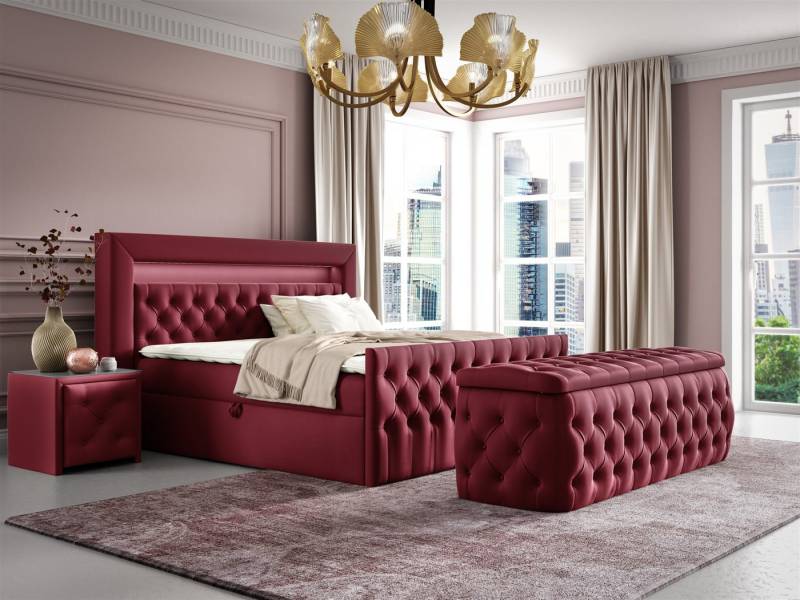Fun Möbel Boxbett Schlafzimmerbett ERNESTO Nr.4 in Stoff Elisa Velvet (inkl. Topper, inkl. Bettkästen), inkl. 2 x Nachttisch mit Glasplatte, Polsterhocker und LED-Beleuchtung von Fun Möbel