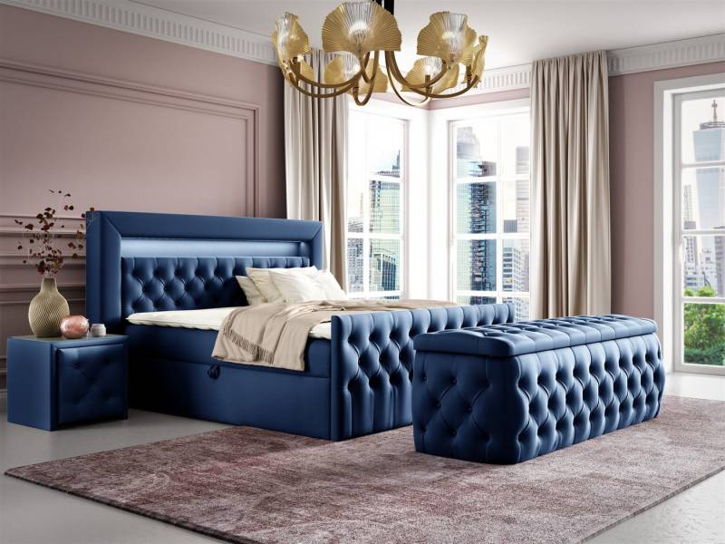 Fun Möbel Boxbett Schlafzimmerbett ERNESTO Nr.4 in Stoff Elisa Velvet (inkl. Topper, inkl. Bettkästen), inkl. 2 x Nachttisch mit Glasplatte, Polsterhocker und LED-Beleuchtung von Fun Möbel
