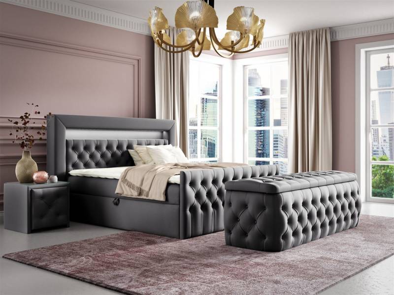 Fun Möbel Boxbett Schlafzimmerbett ERNESTO Nr.4 in Stoff Elisa Velvet (inkl. Topper, inkl. Bettkästen), inkl. 2 x Nachttisch mit Glasplatte, Polsterhocker und LED-Beleuchtung von Fun Möbel