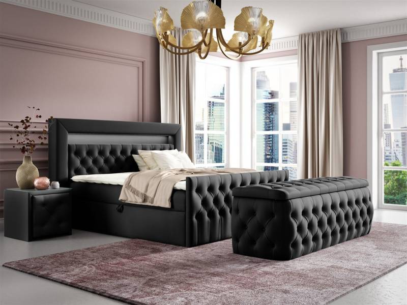 Fun Möbel Boxbett Schlafzimmerbett ERNESTO Nr.4 in Stoff Elisa Velvet (inkl. Topper, inkl. Bettkästen), inkl. 2 x Nachttisch mit Glasplatte, Polsterhocker und LED-Beleuchtung von Fun Möbel