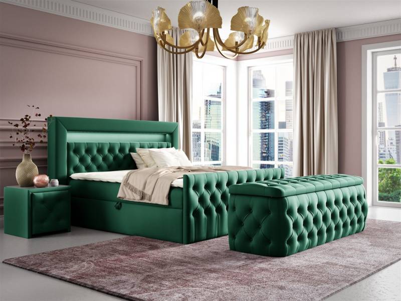 Fun Möbel Boxbett Schlafzimmerbett ERNESTO Nr.4 in Stoff Elisa Velvet (inkl. Topper, inkl. Bettkästen), inkl. 2 x Nachttisch mit Glasplatte, Polsterhocker und LED-Beleuchtung von Fun Möbel