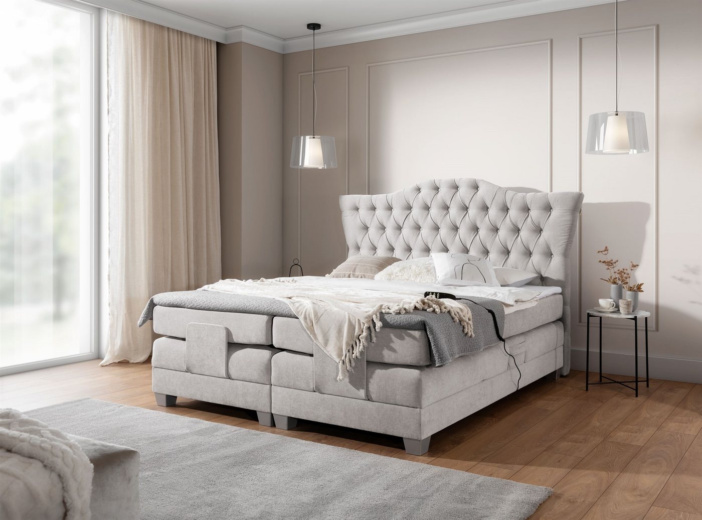 Fun Möbel Boxspringbett Schlafzimmerbett FAUSTO Elektrisch in Stoff Wind (inkl. Viscoschaumtopper), Matratzen elektrisch verstellbar von Fun Möbel