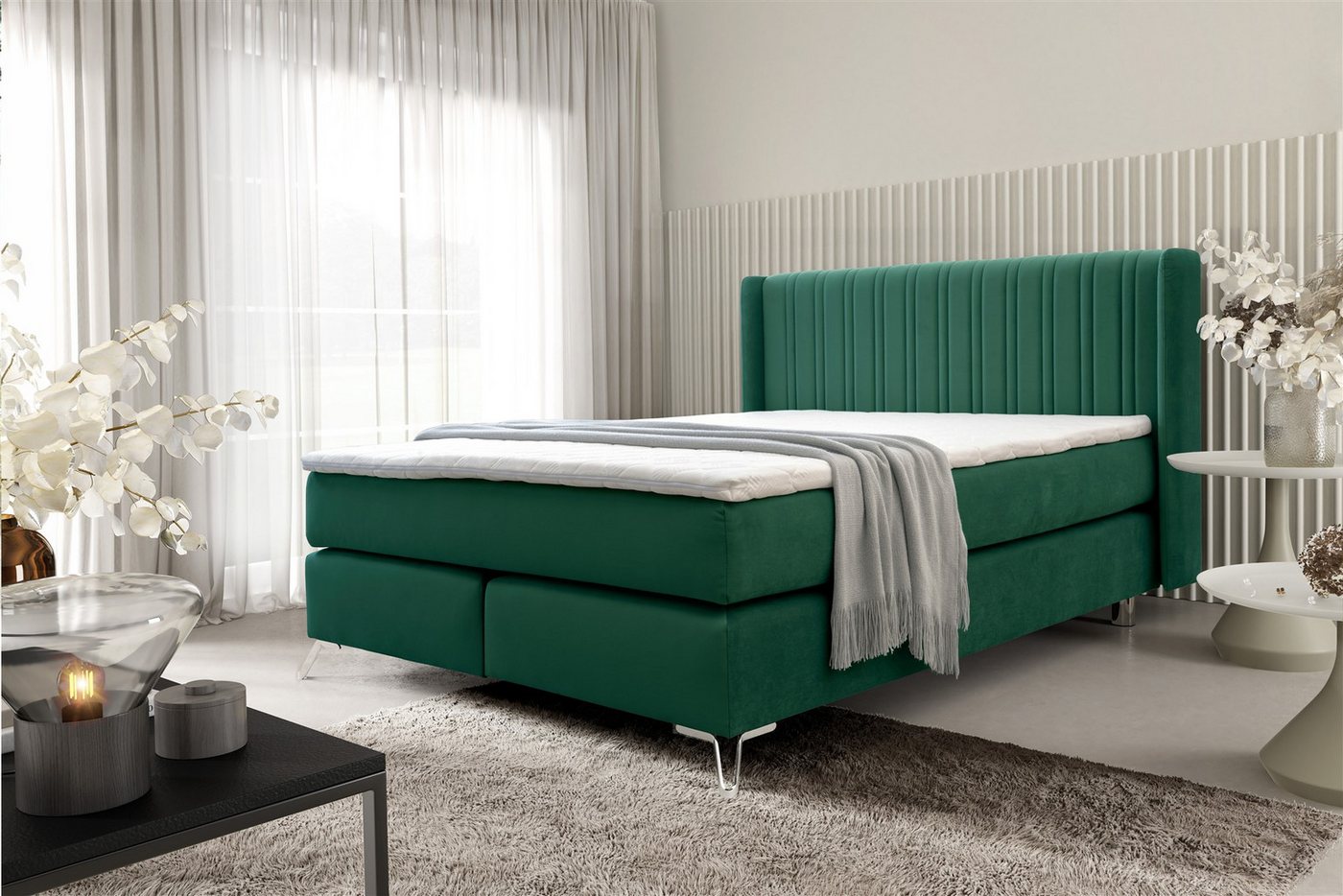 Fun Möbel Boxspringbett Schlafzimmerbett FUN ADORA in Stoff Salvador (inkl. Topper, Metallfüße (Höhe: ca. 13 cm), Kopfteil trendig gerundet von Fun Möbel