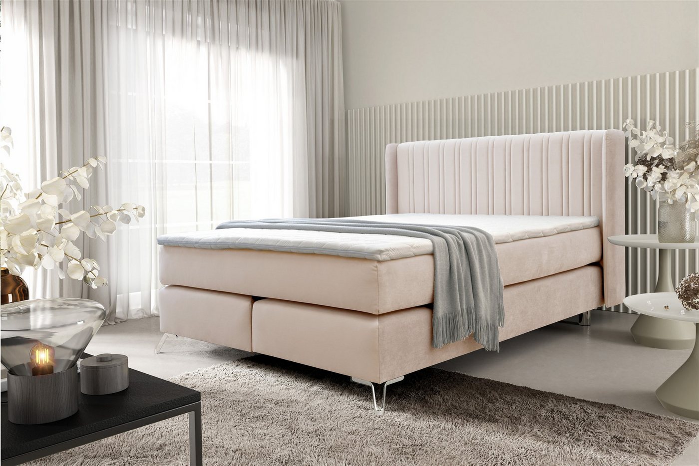 Fun Möbel Boxspringbett Schlafzimmerbett FUN ADORA in Stoff Salvador (inkl. Topper, Metallfüße (Höhe: ca. 13 cm), Kopfteil trendig gerundet von Fun Möbel