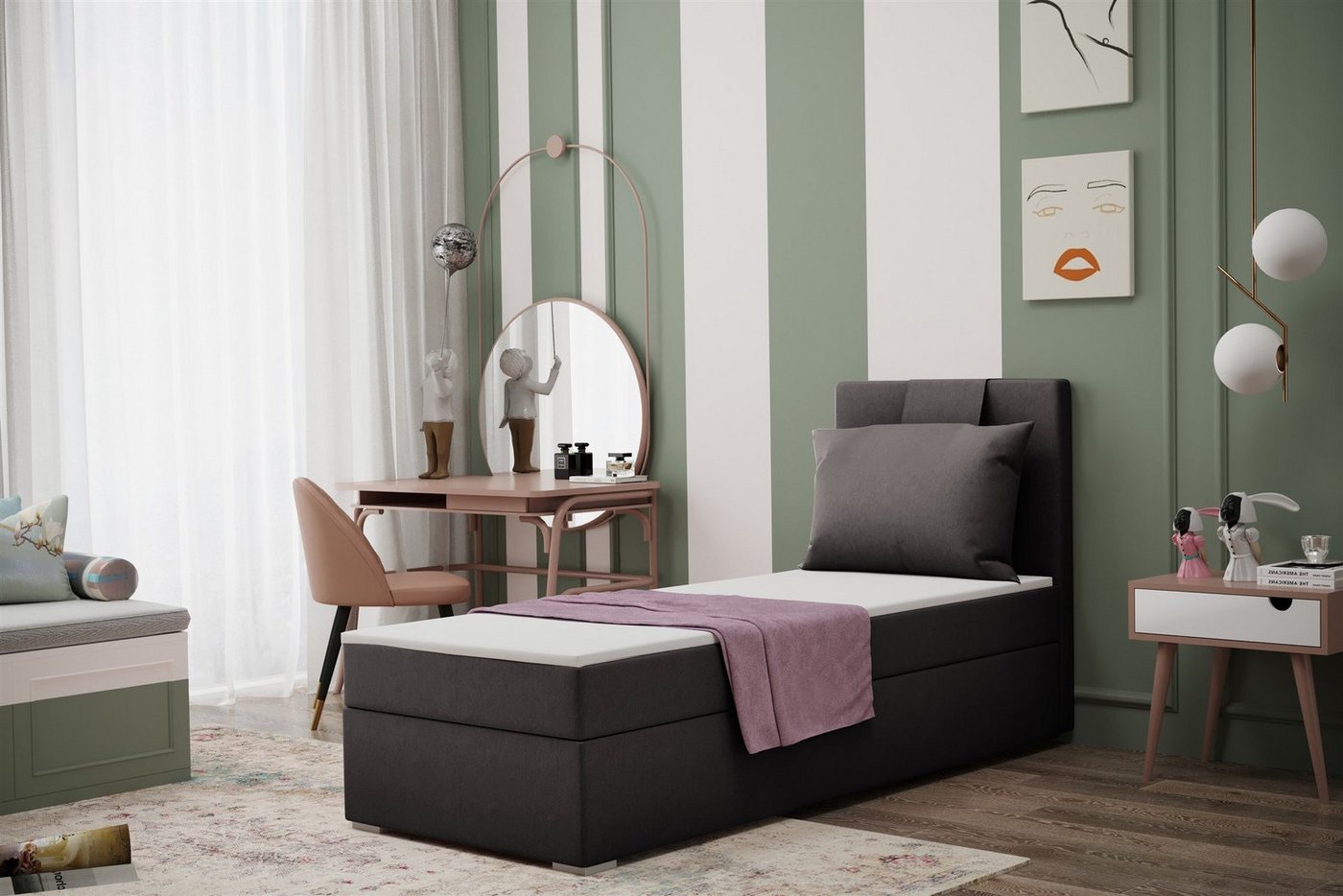 Fun Möbel Boxbett Schlafzimmerbett Gästebett SALMA in Stoff Soro (Inkl. Bettkasten rechts oder links, Inkl. Topper), Rückenkissen am Kopfteil von Fun Möbel